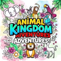 A whimsical animal theme coloring book cover featuring a variety of animals such as a playful elephant, a curious monkey, a majestic lion, a colorful parrot, and a graceful deer, all surrounded by lush foliage, flowers, and abstract patterns