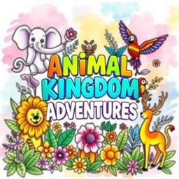 A whimsical animal theme coloring book cover featuring a variety of animals such as a playful elephant, a curious monkey, a majestic lion, a colorful parrot, and a graceful deer, all surrounded by lush foliage, flowers, and abstract patterns