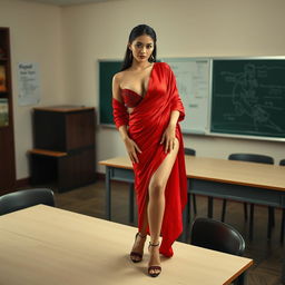 a sensual Thai woman with a voluptuous figure, artistically draped in a muga and red mekhela chadar, her attire revealing yet elegant with a partially open blouse and striking high heels