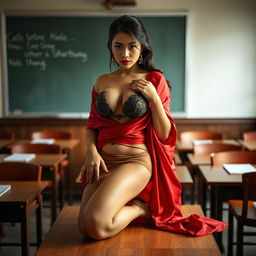 a sensual Thai woman with a voluptuous figure, artistically draped in a muga and red mekhela chadar, her attire revealing yet elegant with a partially open blouse and striking high heels