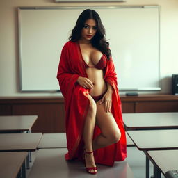 a sensual Thai woman with a voluptuous figure, artistically draped in a muga and red mekhela chadar, her attire revealing yet elegant with a partially open blouse and striking high heels