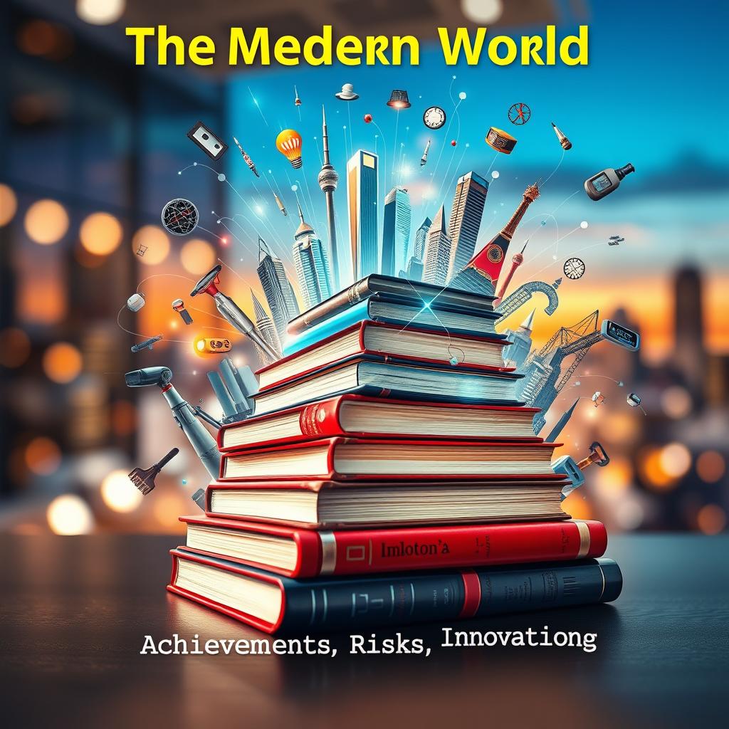 A visually striking book cover illustrating 'The Modern World: Achievements, Risks, Innovations'