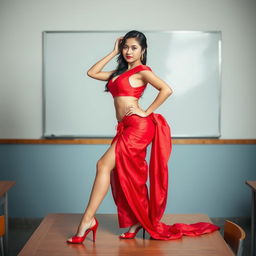 a voluptuous and alluring Thai woman gracefully wearing a muga and red mekhela chadar, her outfit featuring a sensuously open blouse and striking high heels