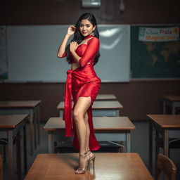 a voluptuous and alluring Thai woman gracefully wearing a muga and red mekhela chadar, her outfit featuring a sensuously open blouse and striking high heels