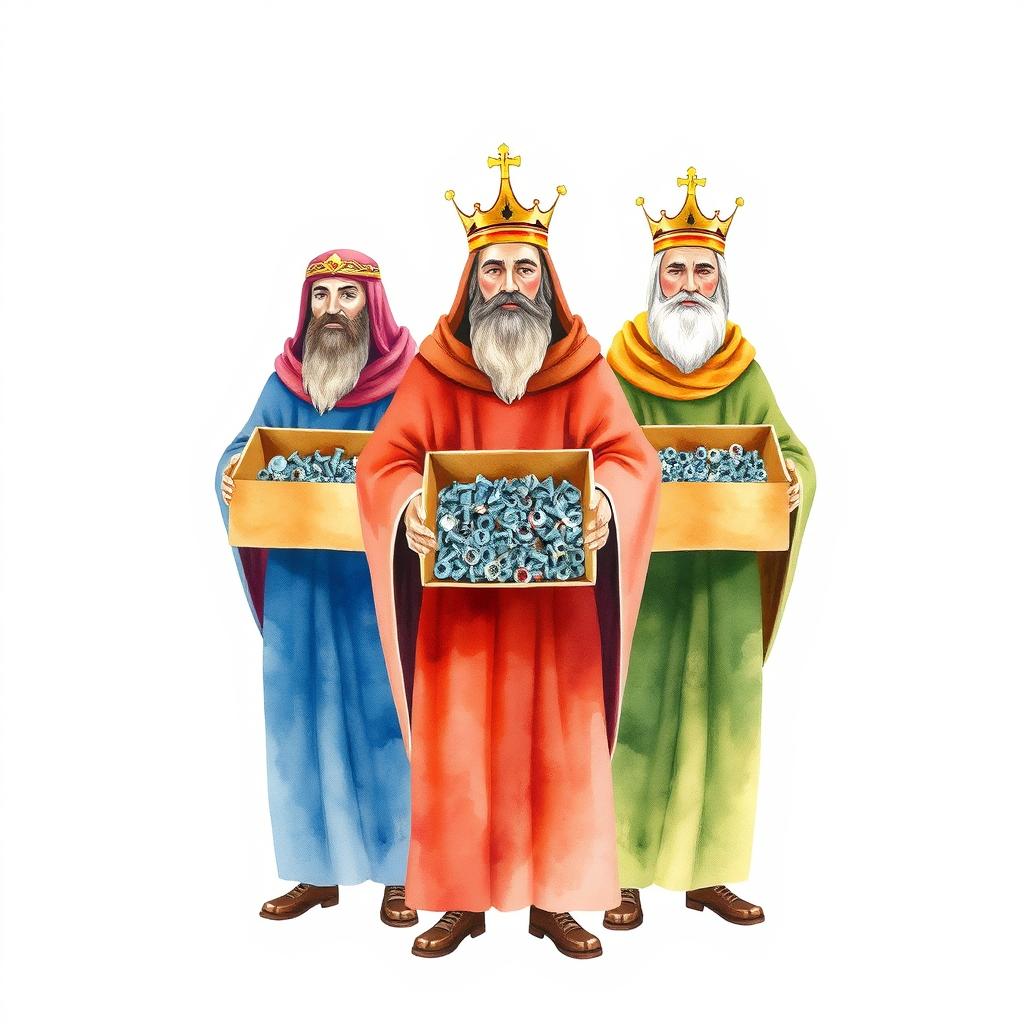 A watercolor illustration depicting the three wise kings, each carrying a box containing screws, nuts, and washers, set against a blank canvas backdrop