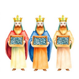 A watercolor illustration depicting the three wise kings, each carrying a box containing screws, nuts, and washers, set against a blank canvas backdrop