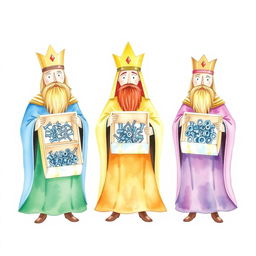 A watercolor illustration depicting the three wise kings, each carrying a box containing screws, nuts, and washers, set against a blank canvas backdrop