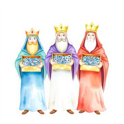 A watercolor illustration depicting the three wise kings, each carrying a box containing screws, nuts, and washers, set against a blank canvas backdrop