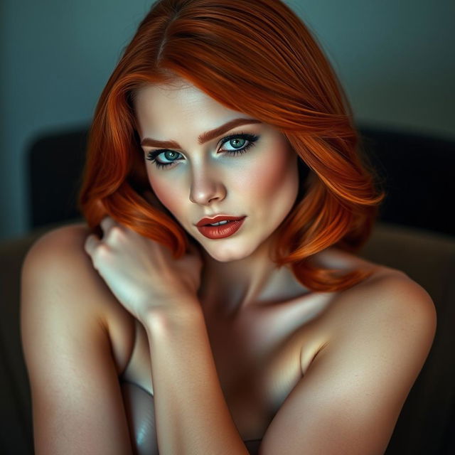 A beautiful red-headed woman wearing elegant pantyhose, showcasing her vibrant, fiery hair cascading over her shoulders