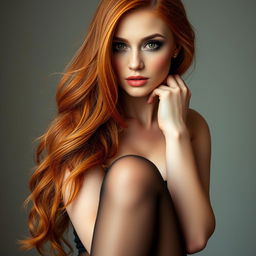 A beautiful red-headed woman wearing elegant pantyhose, showcasing her vibrant, fiery hair cascading over her shoulders