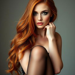 A beautiful red-headed woman wearing elegant pantyhose, showcasing her vibrant, fiery hair cascading over her shoulders