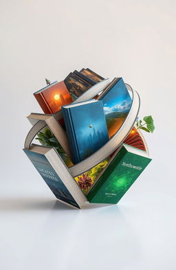 A symbolic representation of the modern world interweaving achievements, risks, and innovations depicted through the imagery of books