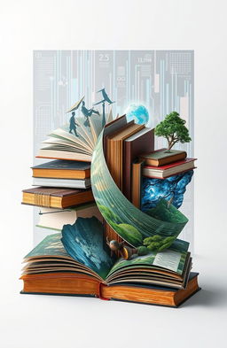 A symbolic representation of the modern world interweaving achievements, risks, and innovations depicted through the imagery of books