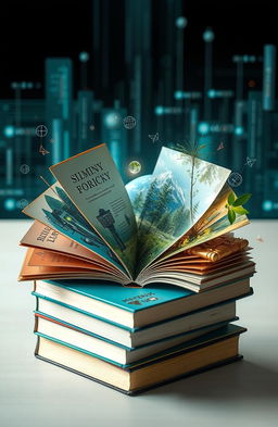 A symbolic representation of the modern world interweaving achievements, risks, and innovations depicted through the imagery of books