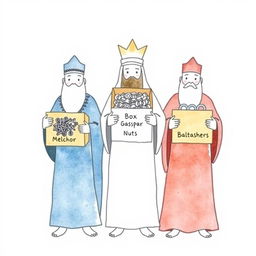 A simplified watercolor illustration of the three wise kings, Melchor, Gaspar, and Baltasar, each carrying a distinct box