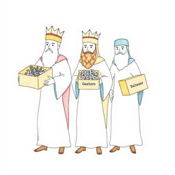 A simplified watercolor illustration of the three wise kings, Melchor, Gaspar, and Baltasar, each carrying a distinct box