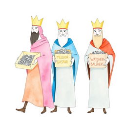 A simplified watercolor illustration of the three wise kings, Melchor, Gaspar, and Baltasar, each carrying a distinct box