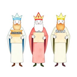 A simplified watercolor illustration of the three wise kings, Melchor, Gaspar, and Baltasar, each carrying a distinct box