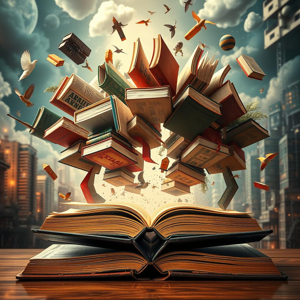 A visually captivating book cover symbolizing the modern world through a collection of floating books, each representing various achievements, risks, and innovations