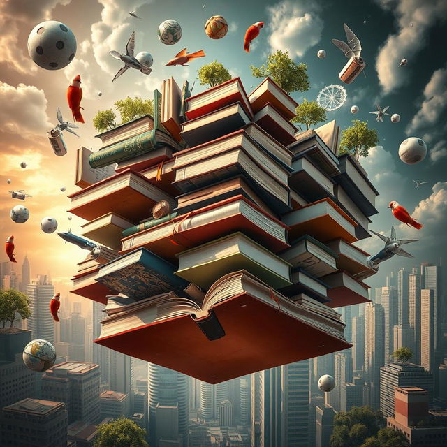 A visually captivating book cover symbolizing the modern world through a collection of floating books, each representing various achievements, risks, and innovations