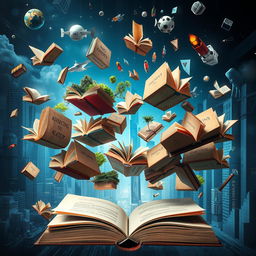 A visually captivating book cover symbolizing the modern world through a collection of floating books, each representing various achievements, risks, and innovations