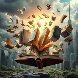 A visually captivating book cover symbolizing the modern world through a collection of floating books, each representing various achievements, risks, and innovations