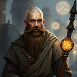 A male human cleric from a Dungeons & Dragons setting, aged about 35, with a shaved head and a long dark brown beard