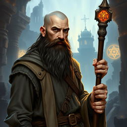 A male human cleric from a Dungeons & Dragons setting, aged about 35, with a shaved head and a long dark brown beard