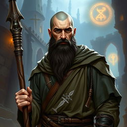 A male human cleric from a Dungeons & Dragons setting, aged about 35, with a shaved head and a long dark brown beard