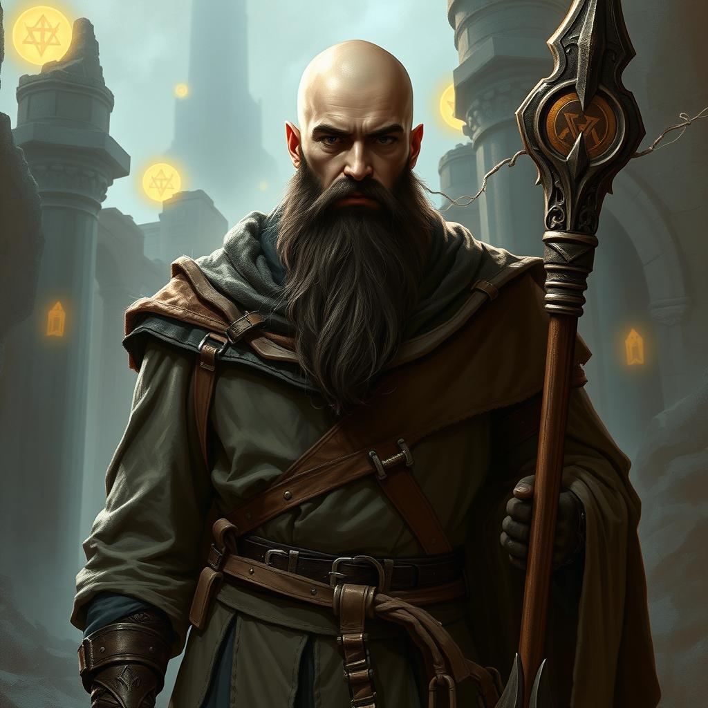 A male human cleric from a Dungeons & Dragons setting, aged about 35, with a shaved head and a long dark brown beard