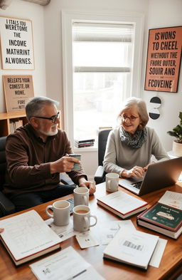 A mature professional man and woman, both around their 50s, sitting at a cozy home office desk