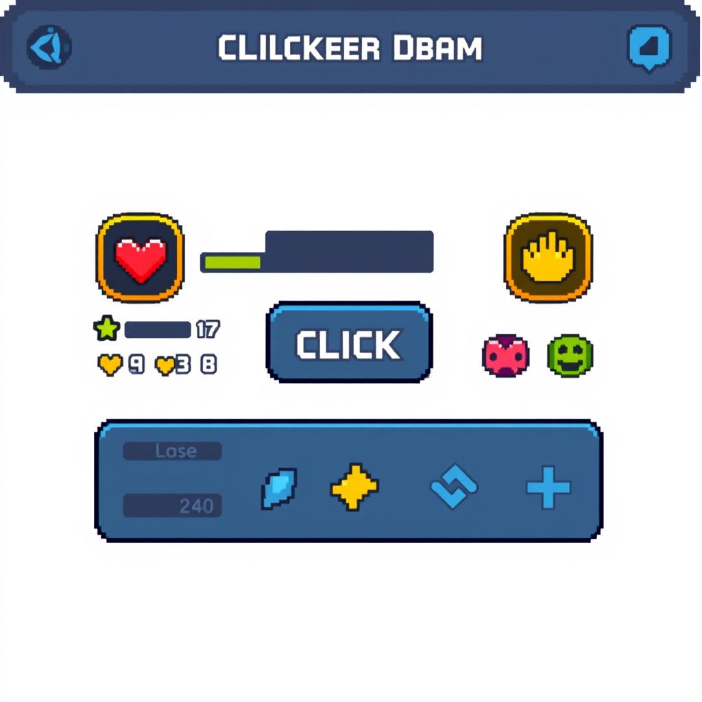 A pixel art style UI interface for a clicker game developed in Unity, set against a white background