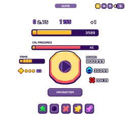 A pixel art style UI interface for a clicker game developed in Unity, set against a white background