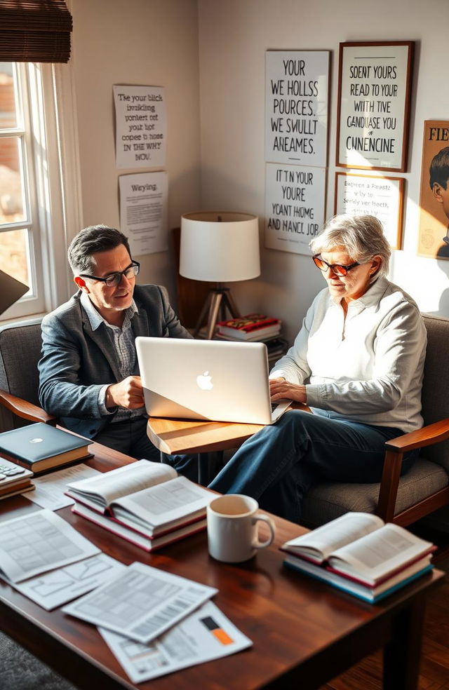 A mature professional man and woman, both around their 50s, sitting at a cozy home office desk