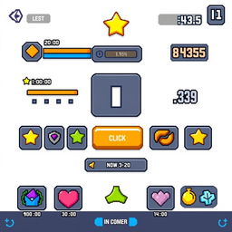 A pixel art style UI interface for a clicker game developed in Unity, set against a white background