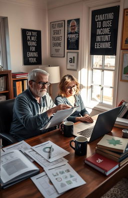 A mature professional man and woman, both around their 50s, sitting at a cozy home office desk