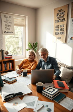 A mature professional man and woman, both around their 50s, sitting at a cozy home office desk