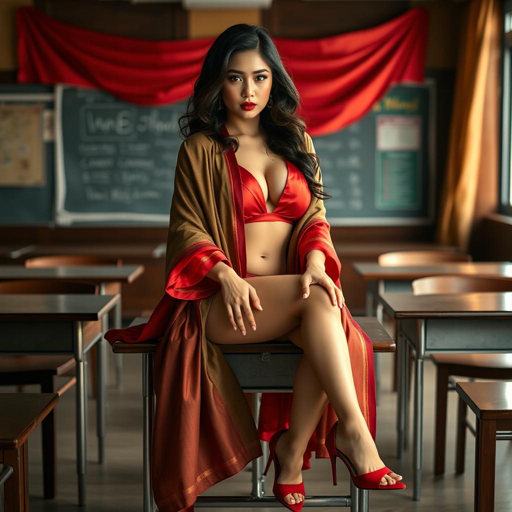 a voluptuous and alluring Thai woman, elegantly draped in a muga and red mekhela chadar, with a sensuously open red blouse and high heels