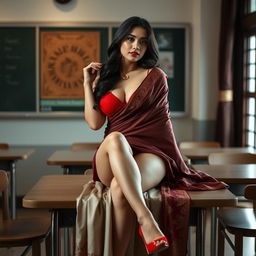 a voluptuous and alluring Thai woman, elegantly draped in a muga and red mekhela chadar, with a sensuously open red blouse and high heels