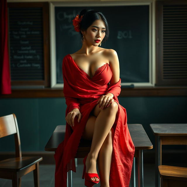 a voluptuous and alluring Thai woman, elegantly draped in a muga and red mekhela chadar, with a sensuously open red blouse and high heels