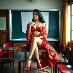 a voluptuous and alluring Thai woman, elegantly draped in a muga and red mekhela chadar, with a sensuously open red blouse and high heels