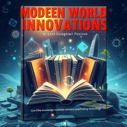 A creative book cover evoking the theme of modern world innovations through the integration of books within a futuristic landscape