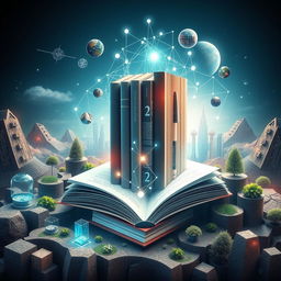 A creative book cover evoking the theme of modern world innovations through the integration of books within a futuristic landscape