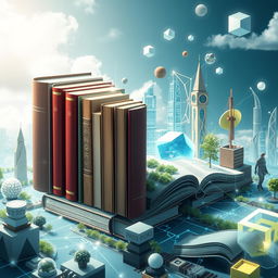 A creative book cover evoking the theme of modern world innovations through the integration of books within a futuristic landscape