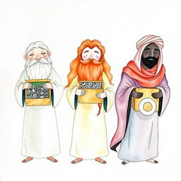 A watercolor illustration of the three wise kings, each carrying a distinct box symbolizing wisdom and the melding of ancient and modern times