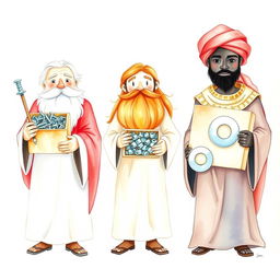 A watercolor illustration of the three wise kings, each carrying a distinct box symbolizing wisdom and the melding of ancient and modern times