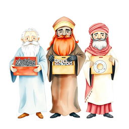 A watercolor illustration of the three wise kings, each carrying a distinct box symbolizing wisdom and the melding of ancient and modern times