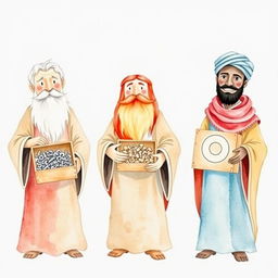 A watercolor illustration of the three wise kings, each carrying a distinct box symbolizing wisdom and the melding of ancient and modern times