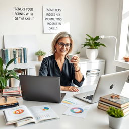 A dynamic woman in her forties sitting at a bright and contemporary home office desk