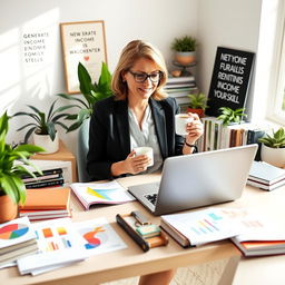 A dynamic woman in her forties sitting at a bright and contemporary home office desk